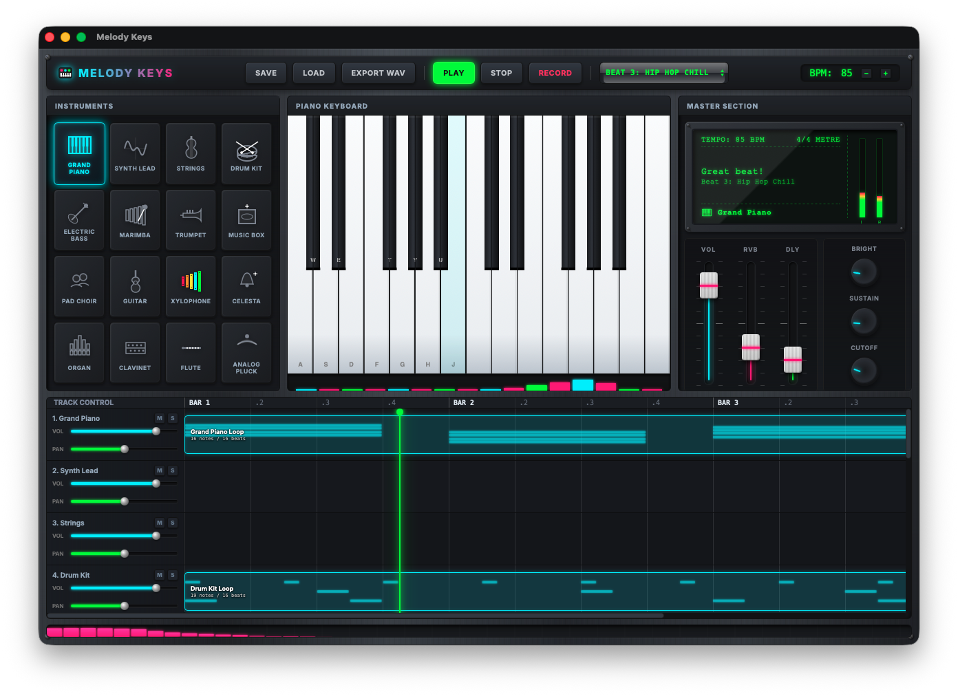 Melody Keys app screenshot showing neon piano and timeline